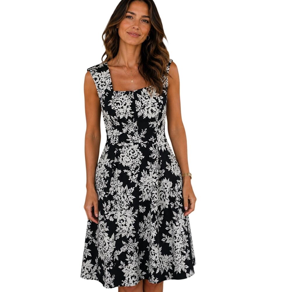WHBM Square Neck Midi Dress Womens Size 8 Black White Floral Fit and Flare Party